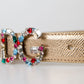 Crystal-Embellished Gold Leather Belt