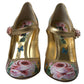 Elegant Gold Floral Cuban Heel Pumps
