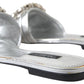 Crystal-Embellished Silver Leather Slides