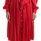Elegant Red Silk Midi Dress with Button Detail