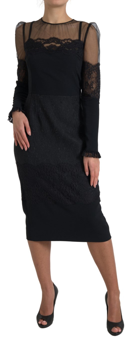 Elegant Sheer Panel Lace Midi Dress