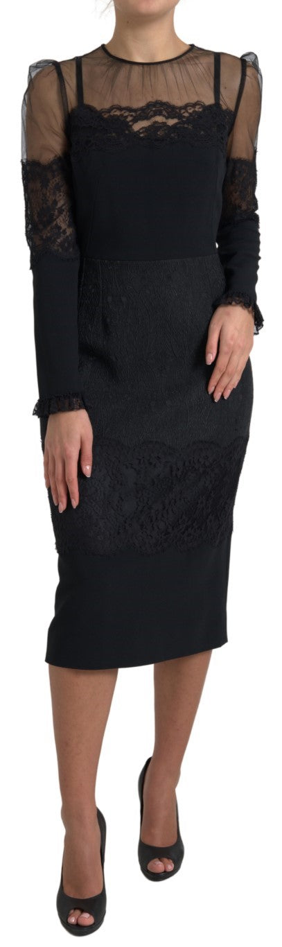 Elegant Sheer Panel Lace Midi Dress