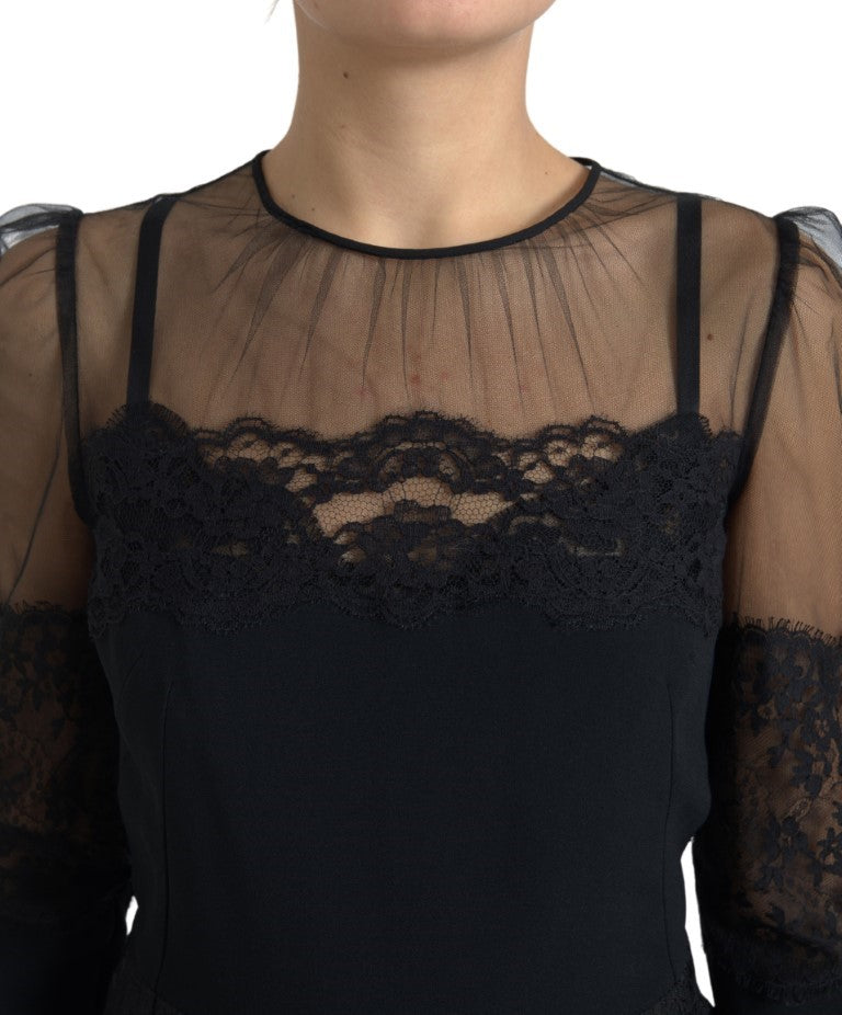 Elegant Sheer Panel Lace Midi Dress