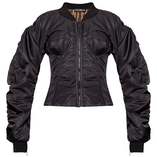 Elegant Zip Sleeve Bomber Jacket with Leopard Lining
