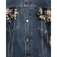 Elegant Denim Fur-Lined Jacket with Gemstones