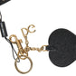 Black Fuchsia Heart Leather Gold Metal Keyring Keychain