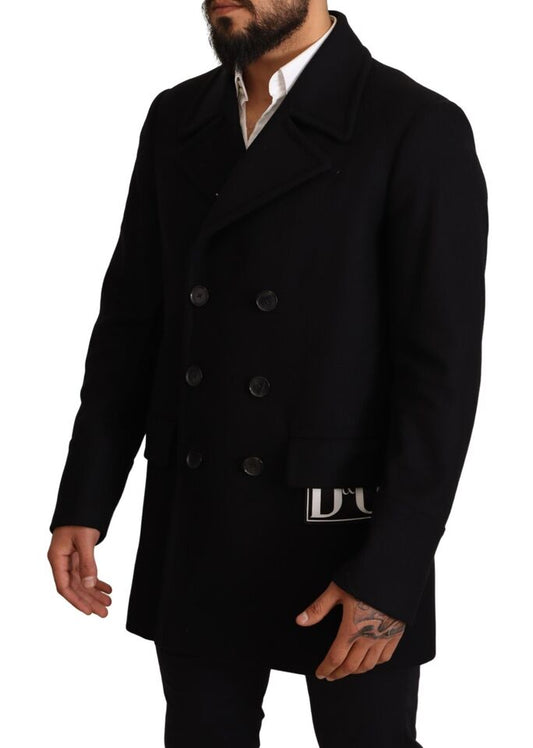 Elegant Dark Blue Wool Blend Pea Coat