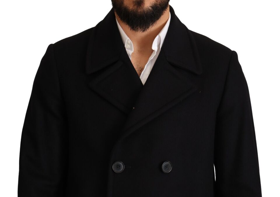 Elegant Dark Blue Wool Blend Pea Coat