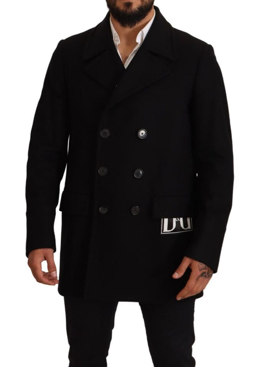 Elegant Dark Blue Wool Blend Pea Coat