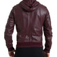 Elegant Bordeaux Leather Hooded Jacket
