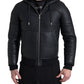 Elegant Black Leather Full Zip Hoodie