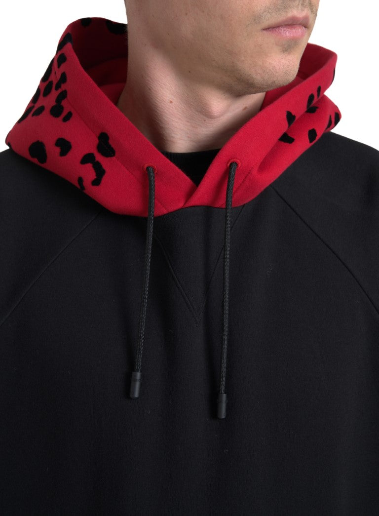 Elegant Black Leopard Print Cotton Hoodie