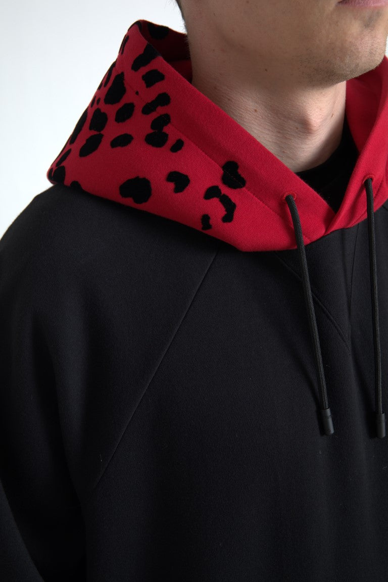 Elegant Black Leopard Print Cotton Hoodie
