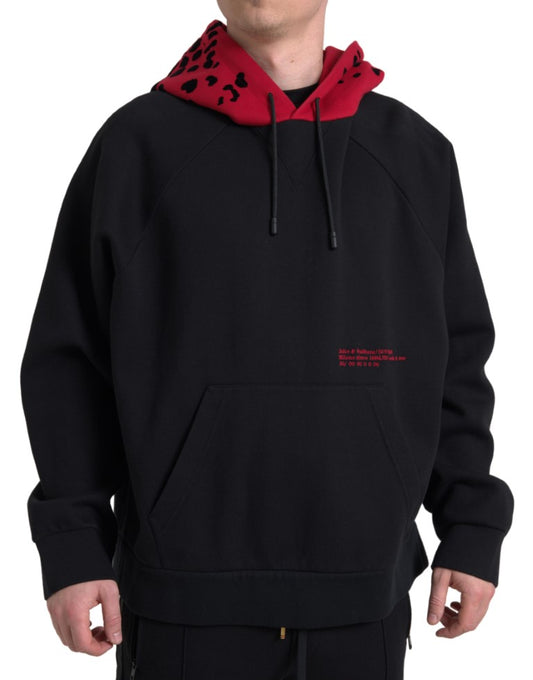 Elegant Black Leopard Print Cotton Hoodie