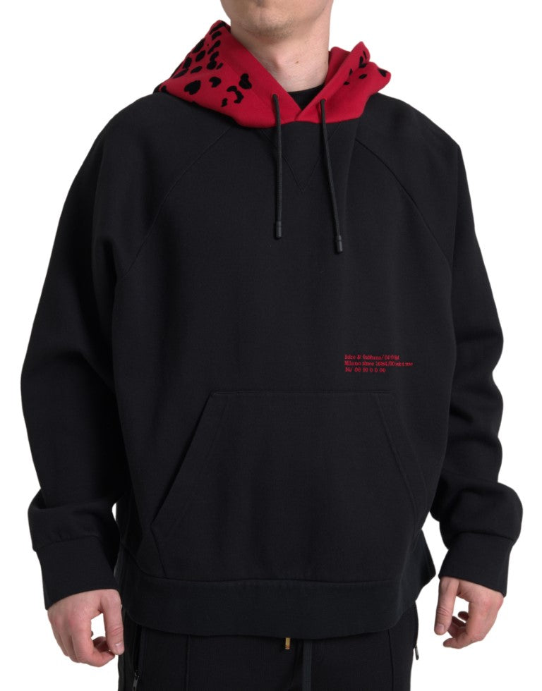 Elegant Black Leopard Print Cotton Hoodie