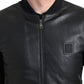 Sleek Black Leather Bomber Jacket