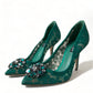 Elegant Green Crystal-Embellished Lace Heels