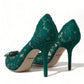Elegant Green Crystal-Embellished Lace Heels