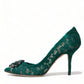 Elegant Green Crystal-Embellished Lace Heels