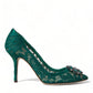 Elegant Green Crystal-Embellished Lace Heels