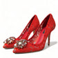 Exquisite Crystal-Embellished Red Lace Heels