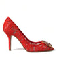 Exquisite Crystal-Embellished Red Lace Heels
