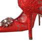 Exquisite Crystal-Embellished Red Lace Heels