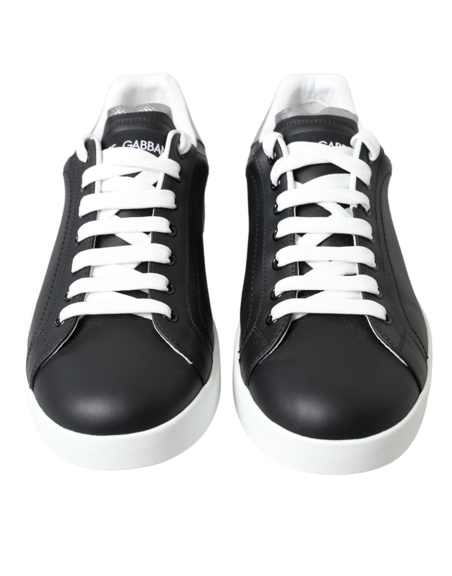 Elegant Black and White Leather Low-Top Sneakers