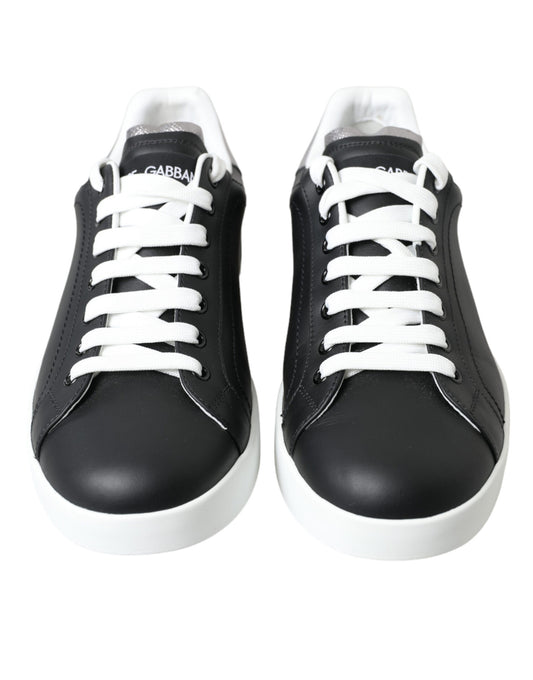 Elegant Black and White Leather Low-Top Sneakers
