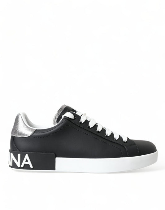 Elegant Black and White Leather Low-Top Sneakers
