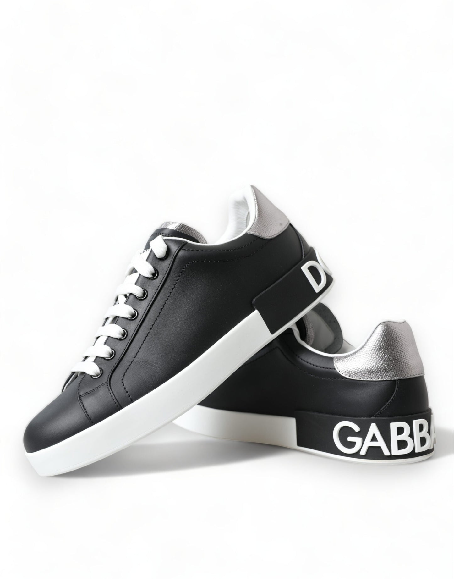 Elegant Black and White Leather Low-Top Sneakers