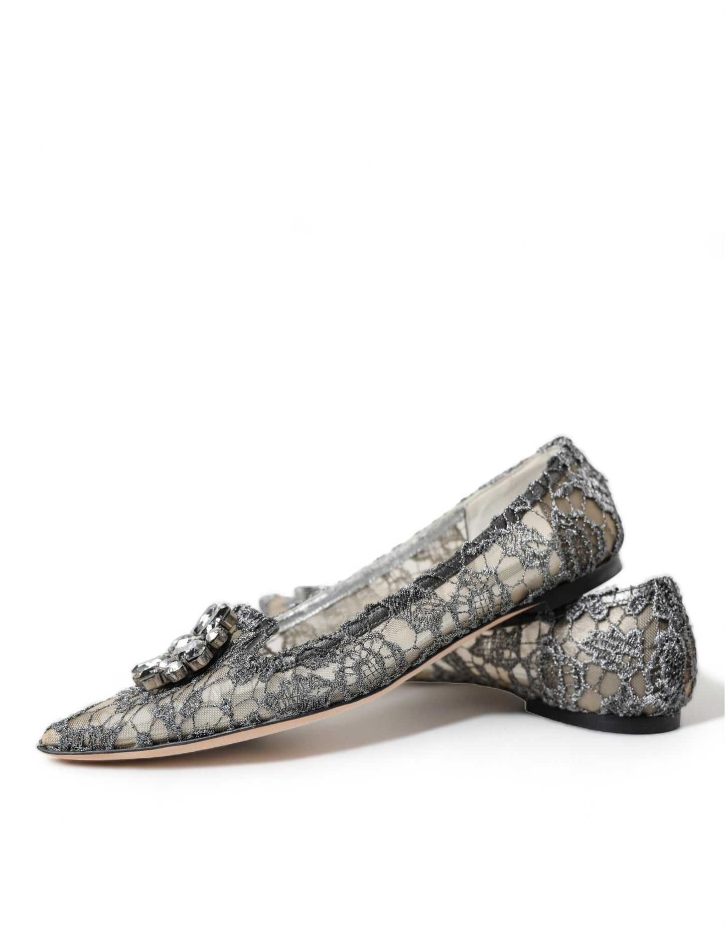 Elegant Silver Floral Lace Flat Shoes