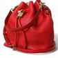 Elegant Red Leather Drawstring Bag with Gold Detailing