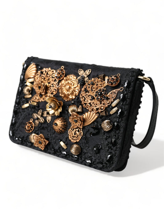 Elegant Gold-Black Baroque Fabric Crossbody Bag