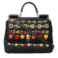 Elegant Black Embellished Raffia Crossbody Tote