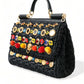 Elegant Black Embellished Raffia Crossbody Tote