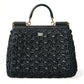 Elegant Black Embellished Raffia Crossbody Tote