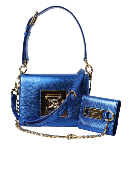 Elegant Blue Leather Shoulder Bag with Gold Accents
