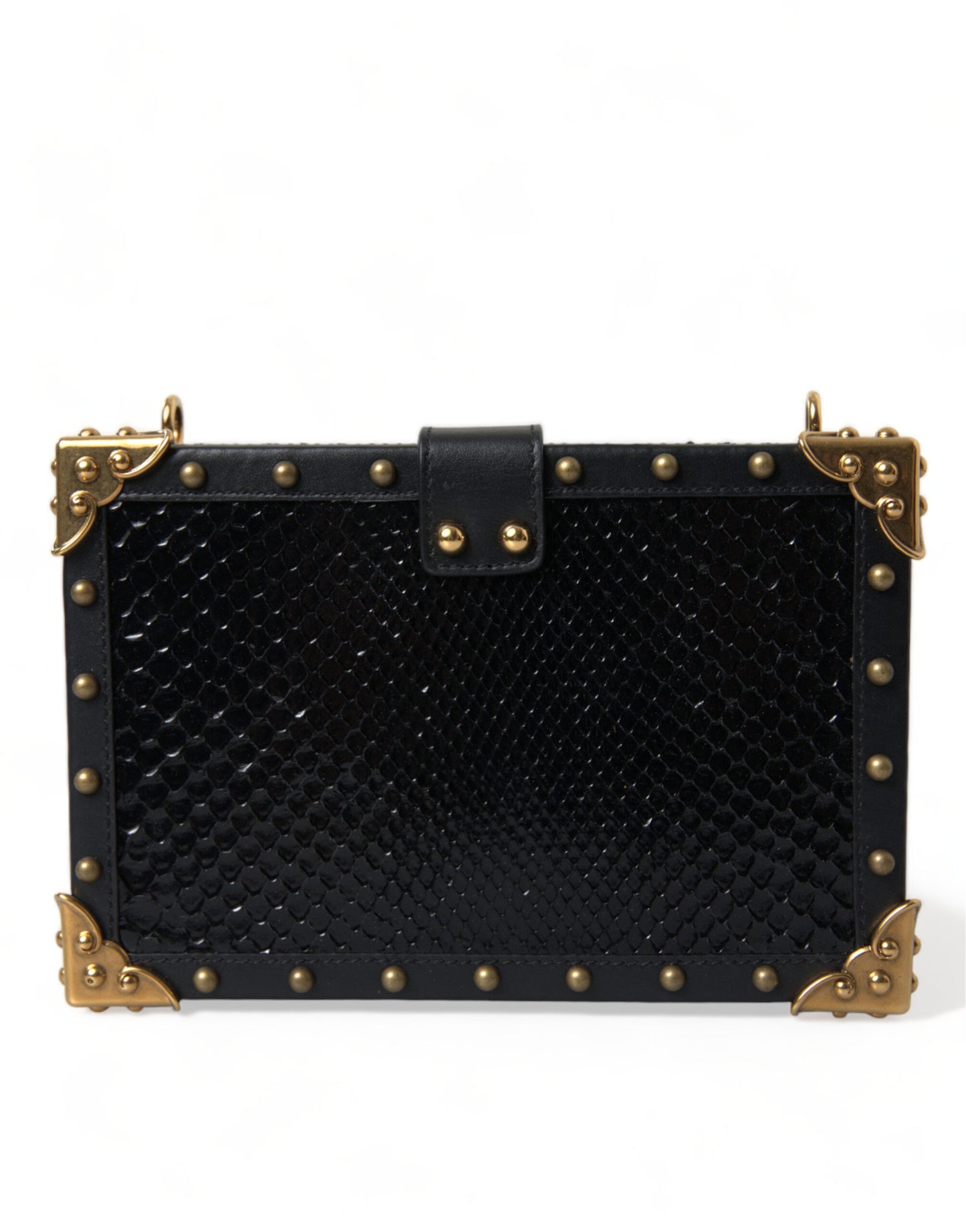 Elegant Black Leather Box Clutch with Gold Details