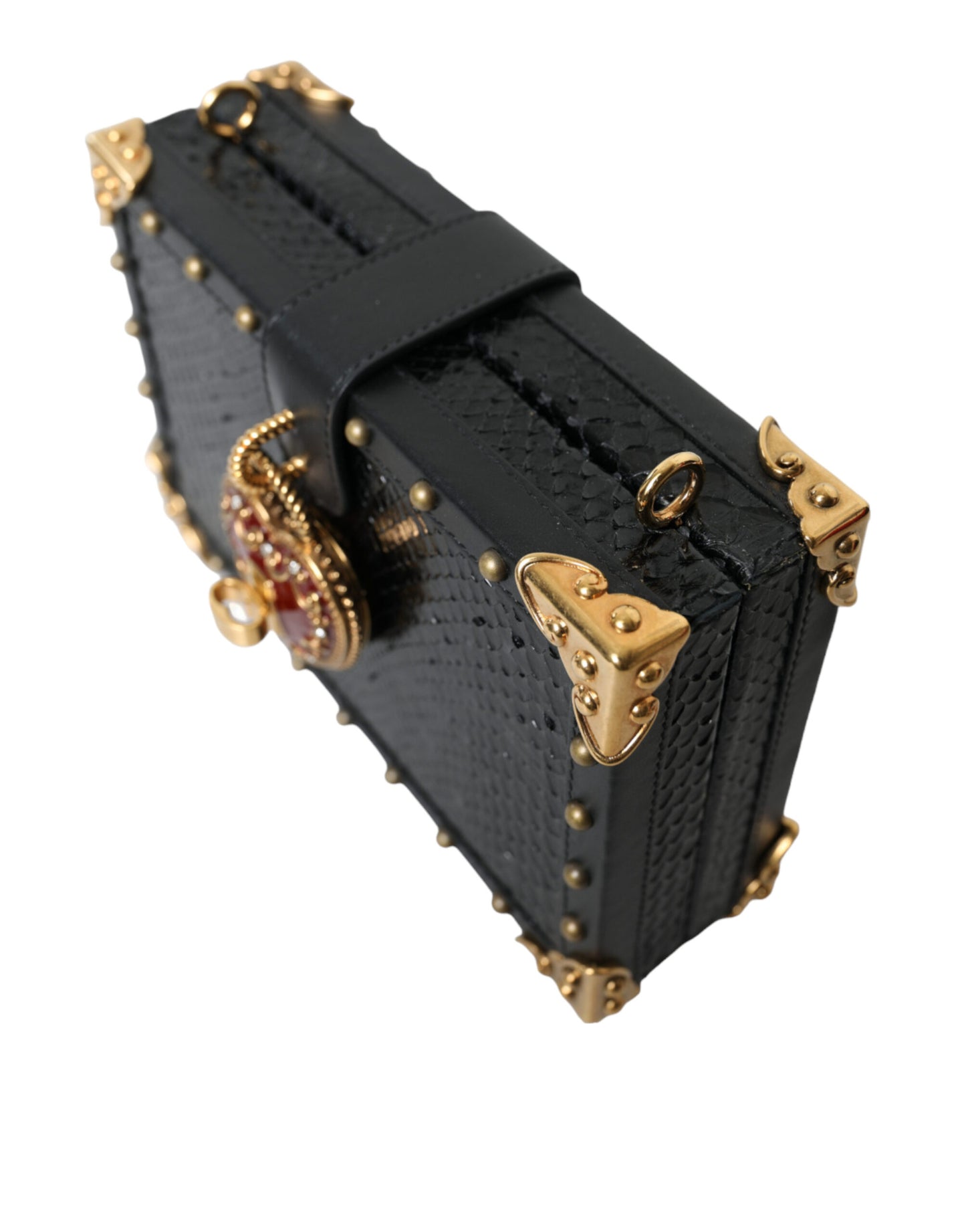 Elegant Black Leather Box Clutch with Gold Details