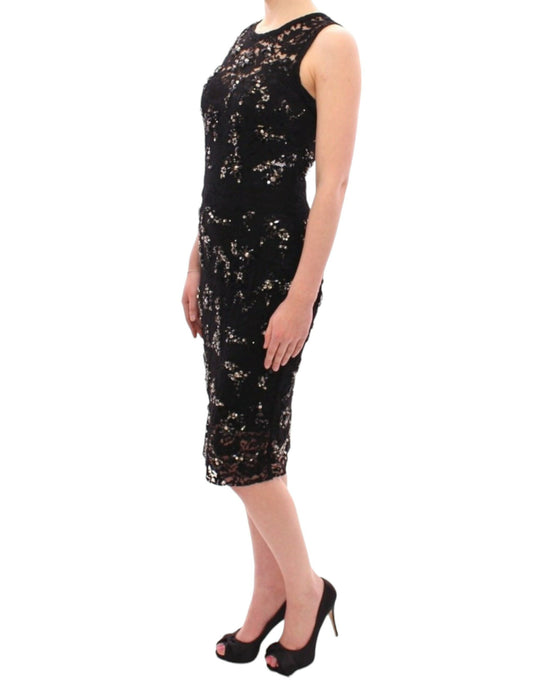 Elegant Black Floral Lace Crystal Dress