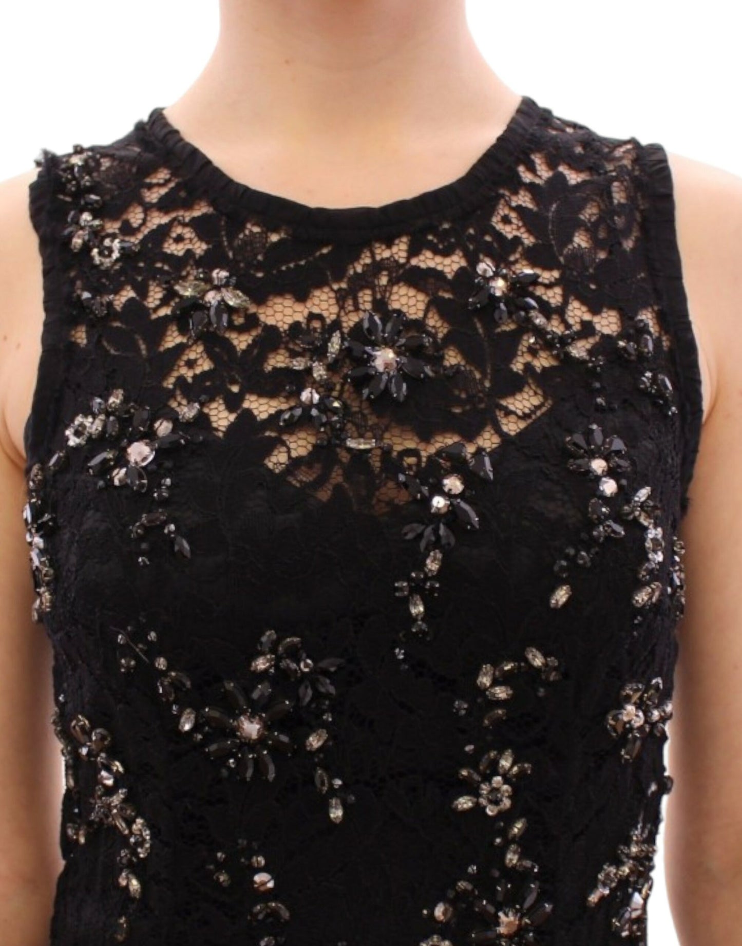 Elegant Black Floral Lace Crystal Dress