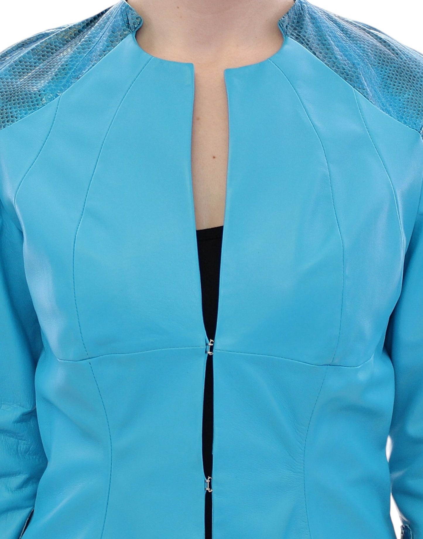 Exquisite Blue Leather Jacket with Snake Print Detail