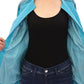 Exquisite Blue Leather Jacket with Snake Print Detail