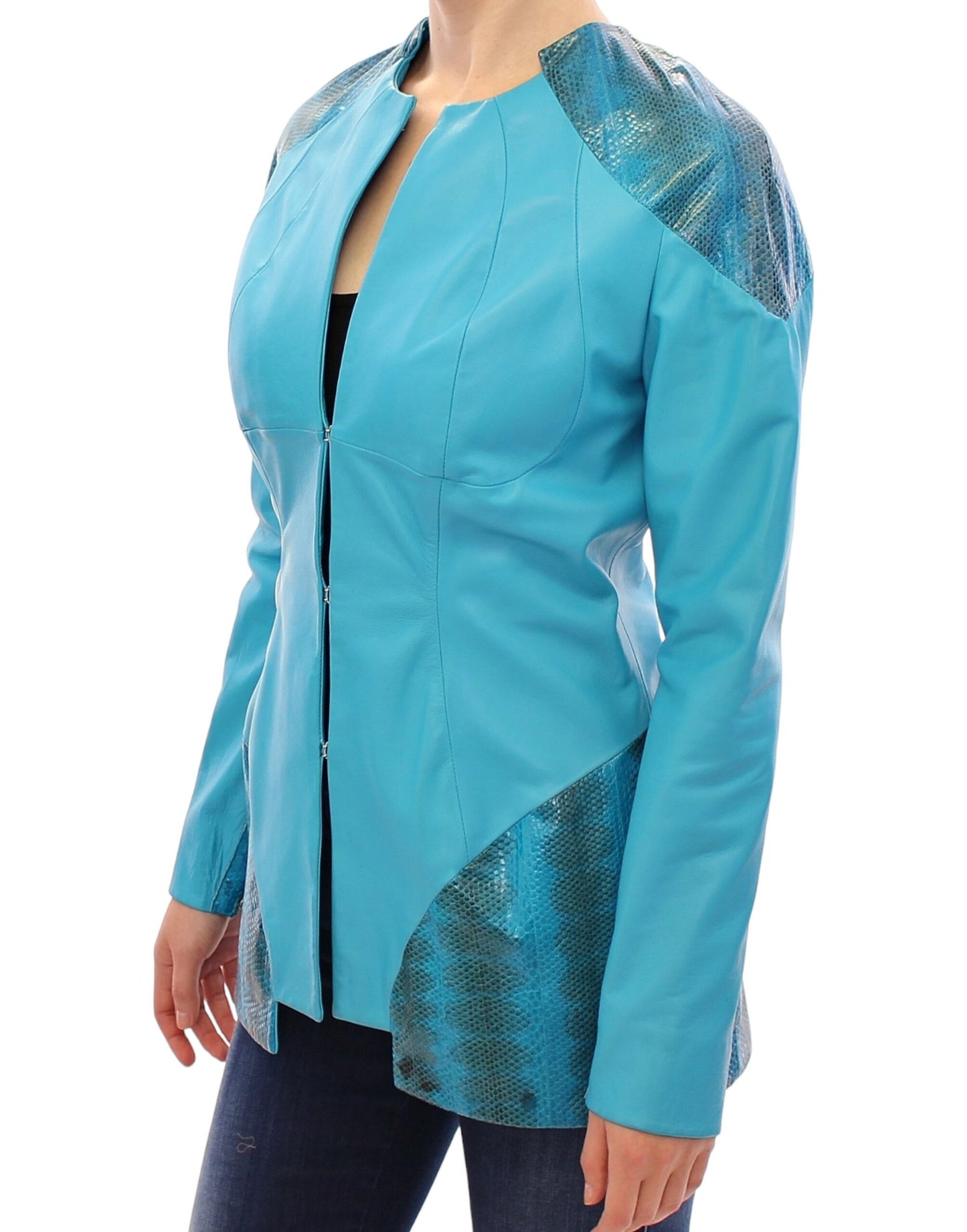 Exquisite Blue Leather Jacket with Snake Print Detail