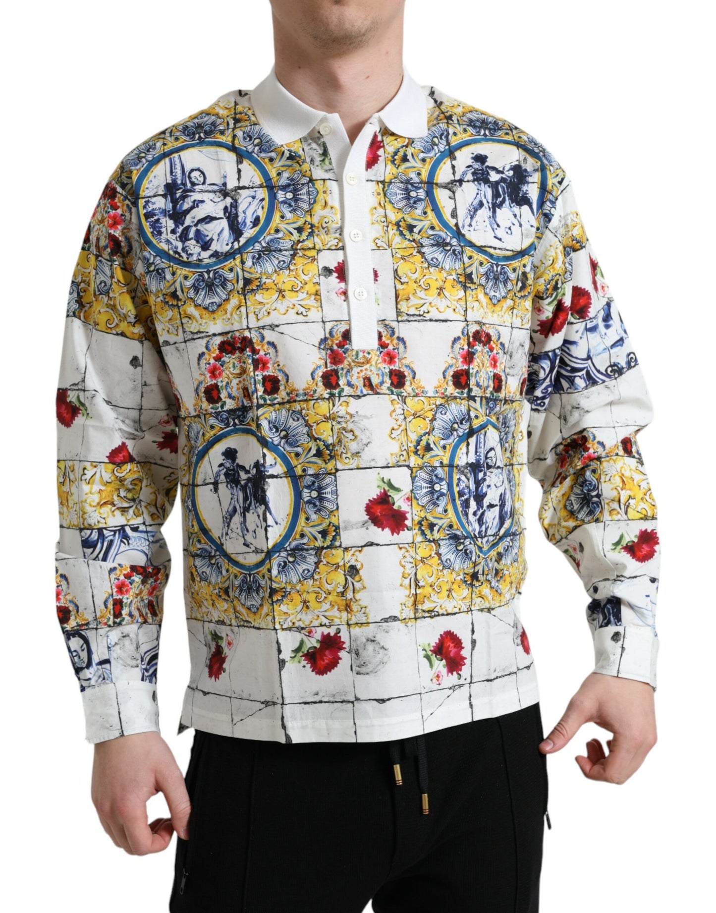 Elegant Majolica Pattern Polo Long Sleeve Shirt