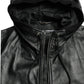 Elegant Black Leather Hooded Zip Jacket