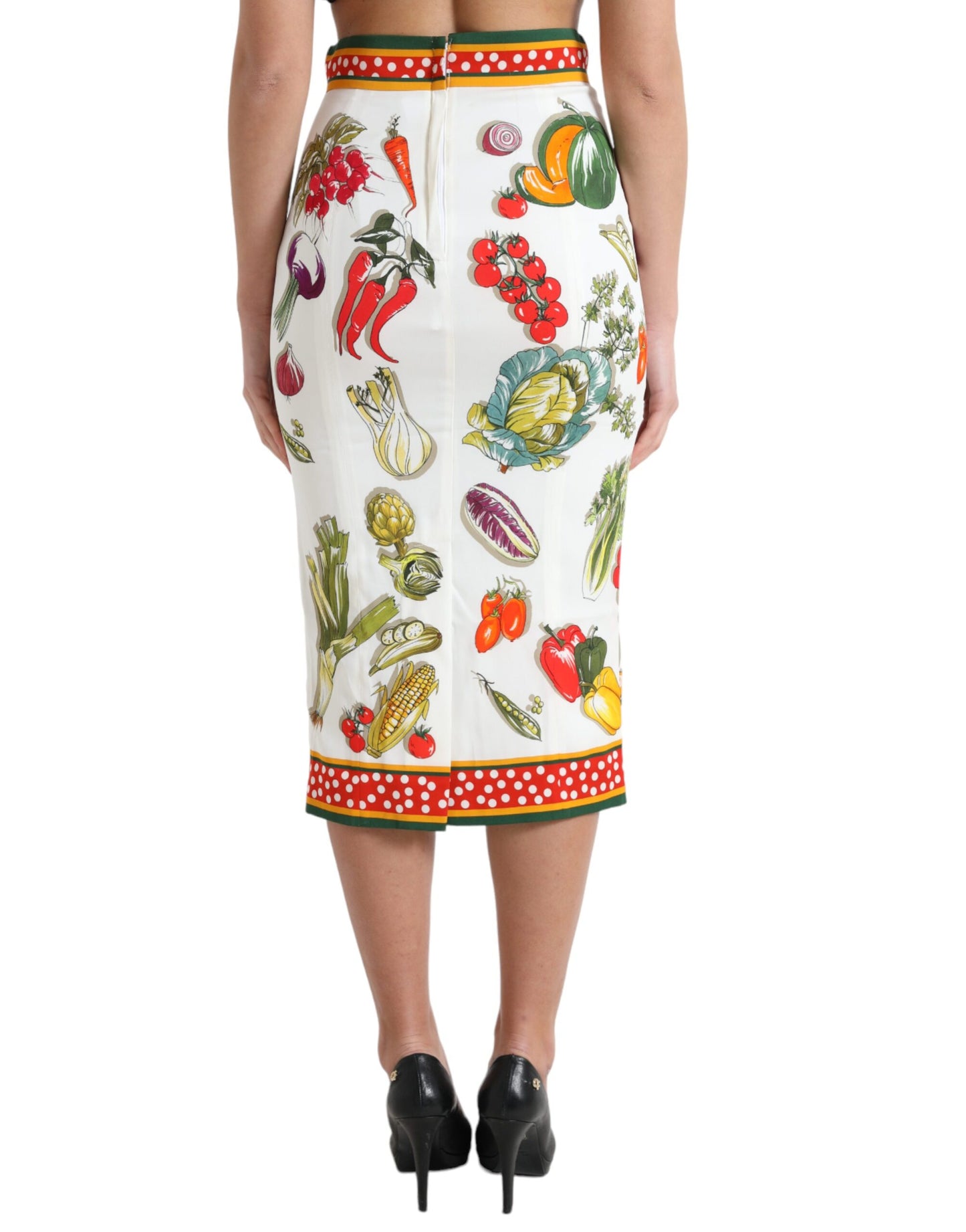 Elegant High-Waist Vegetable Print Silk Skirt