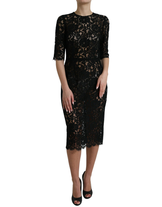 Elegant Black Floral Lace Midi Dress