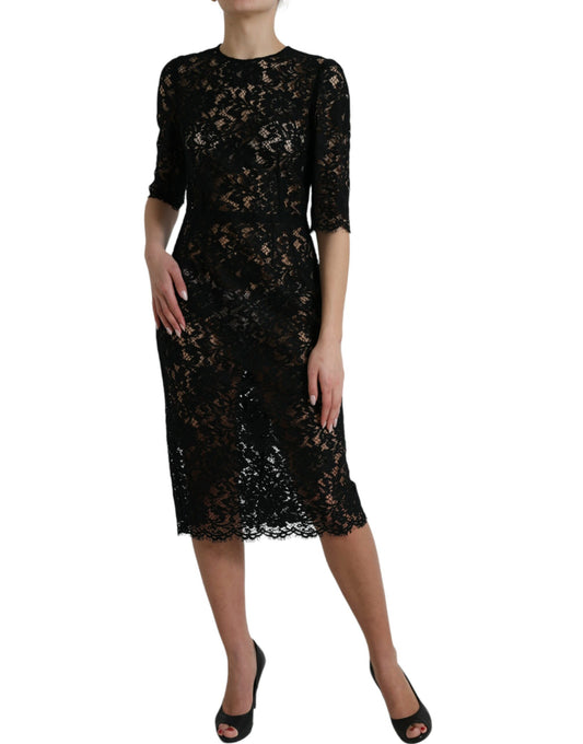 Elegant Black Floral Lace Midi Dress